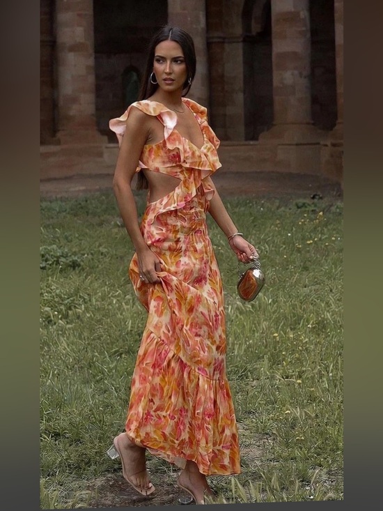 Zara Dresses & Skirts - Zara Orange and Pink Floral Ruffle Maxi Dress